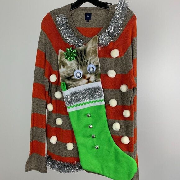 Ugly Christmas Sweater Men's size L or M Cat Lover Green Stocking Googly Eyes - Picture 1 of 7